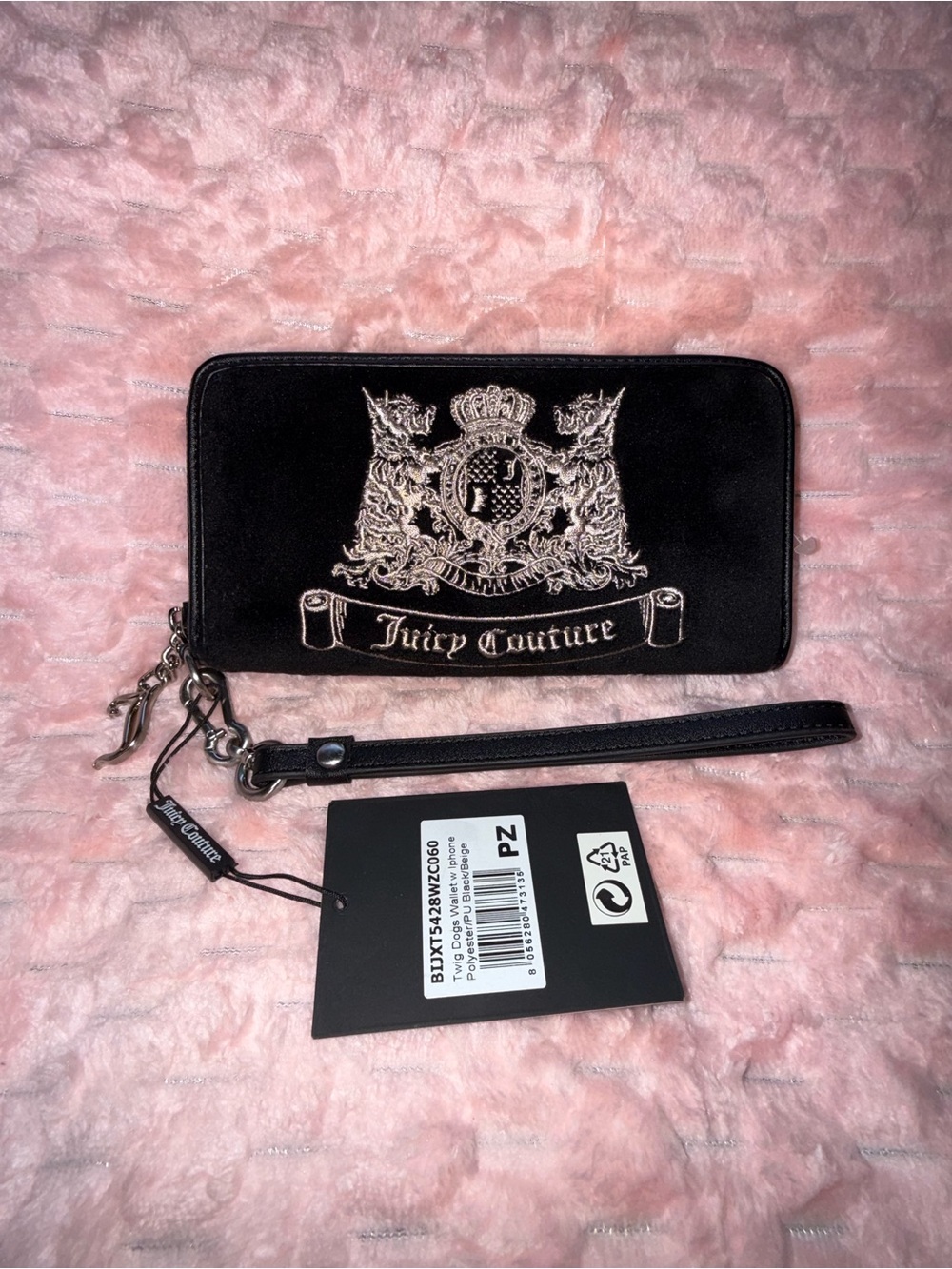 Juicy Couture UK Twig Dog Long zip Wallet Wristlet - Black with Silver dogs NWT!